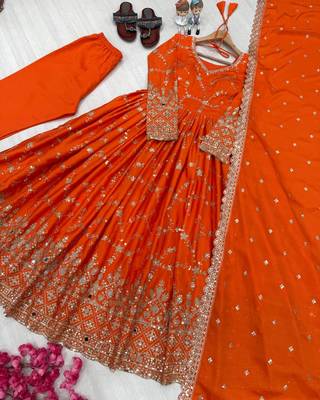 Orange zari embroidered georgette anarkali suit with dupatta 4