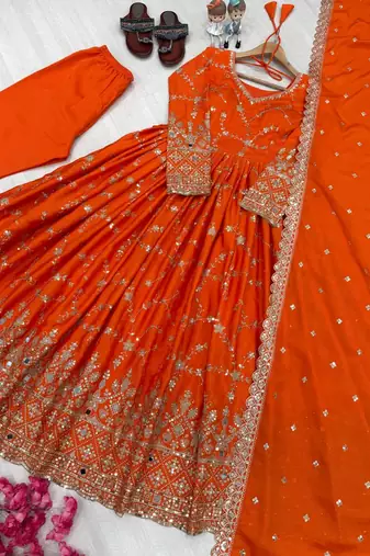 Orange zari embroidered georgette anarkali suit with dupatta