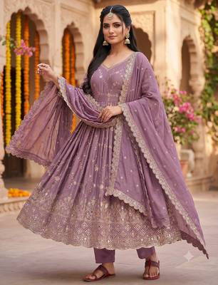 Purple zari embroidered georgette anarkali suit with dupatta 1