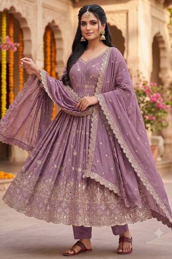 Purple zari embroidered georgette anarkali suit with dupatta