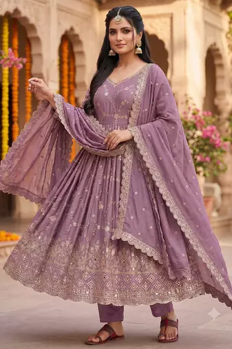 Purple zari embroidered georgette anarkali suit with dupatta