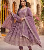 Purple zari embroidered georgette anarkali suit with dupatta