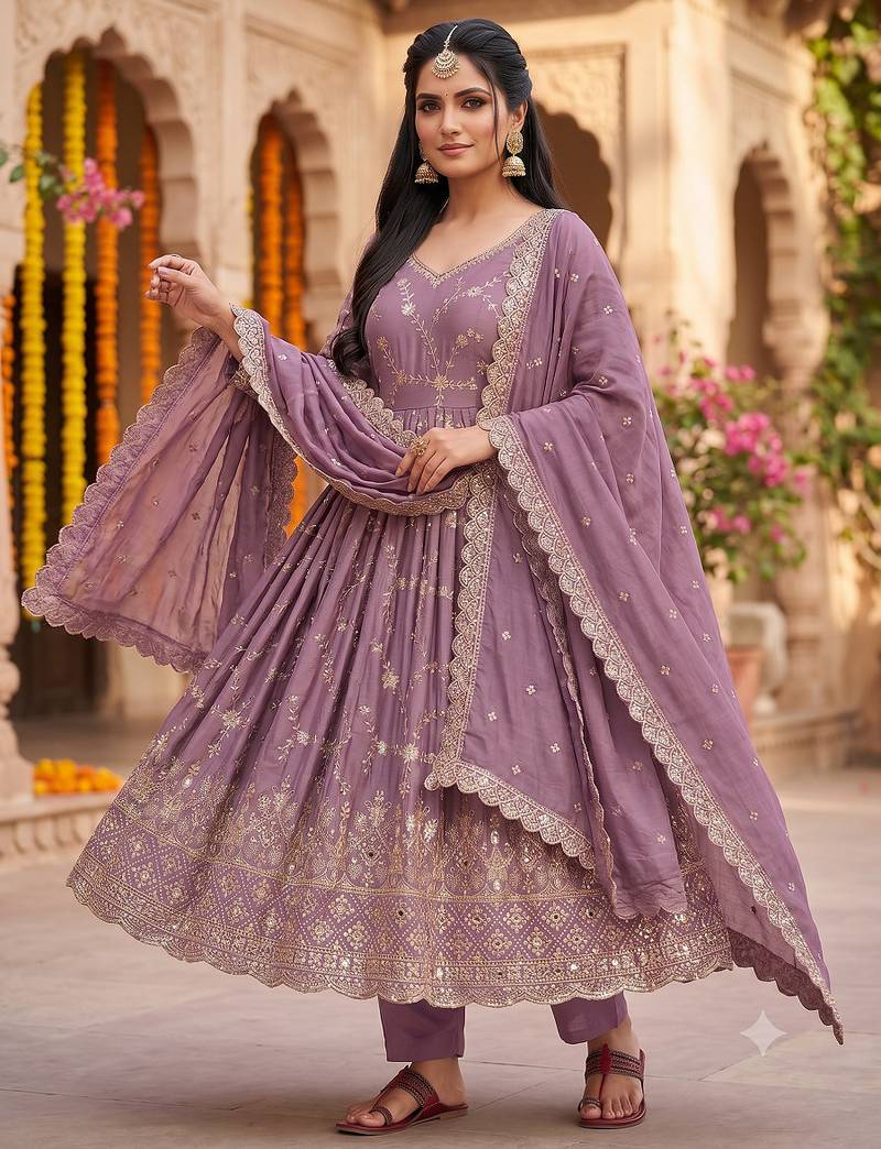 Purple zari embroidered georgette anarkali suit with dupatta
