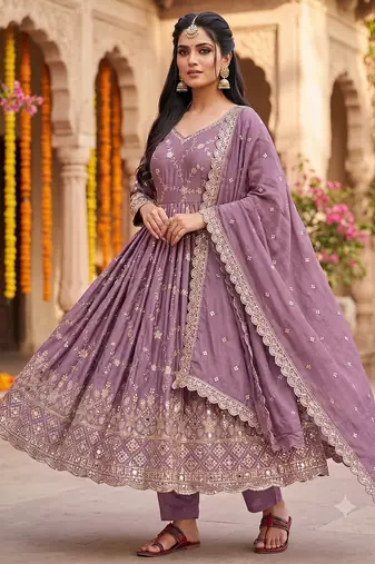 Purple zari embroidered georgette anarkali suit with dupatta