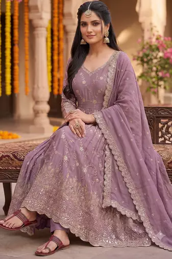 Purple zari embroidered georgette anarkali suit with dupatta