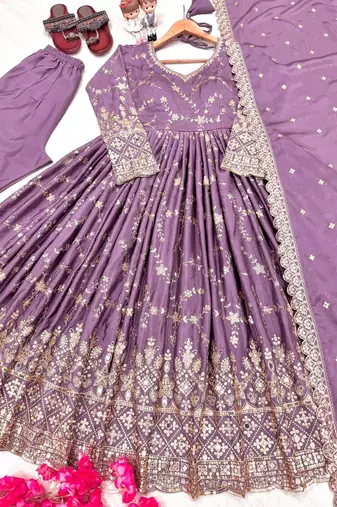 Purple zari embroidered georgette anarkali suit with dupatta