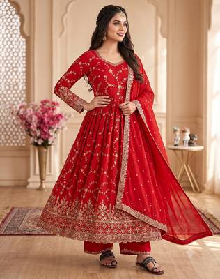 Red zari embroidered georgette anarkali suit with dupatta 1