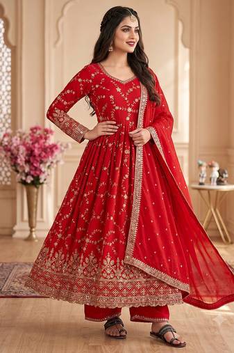 Red zari embroidered georgette anarkali suit with dupatta