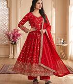 Red zari embroidered georgette anarkali suit with dupatta