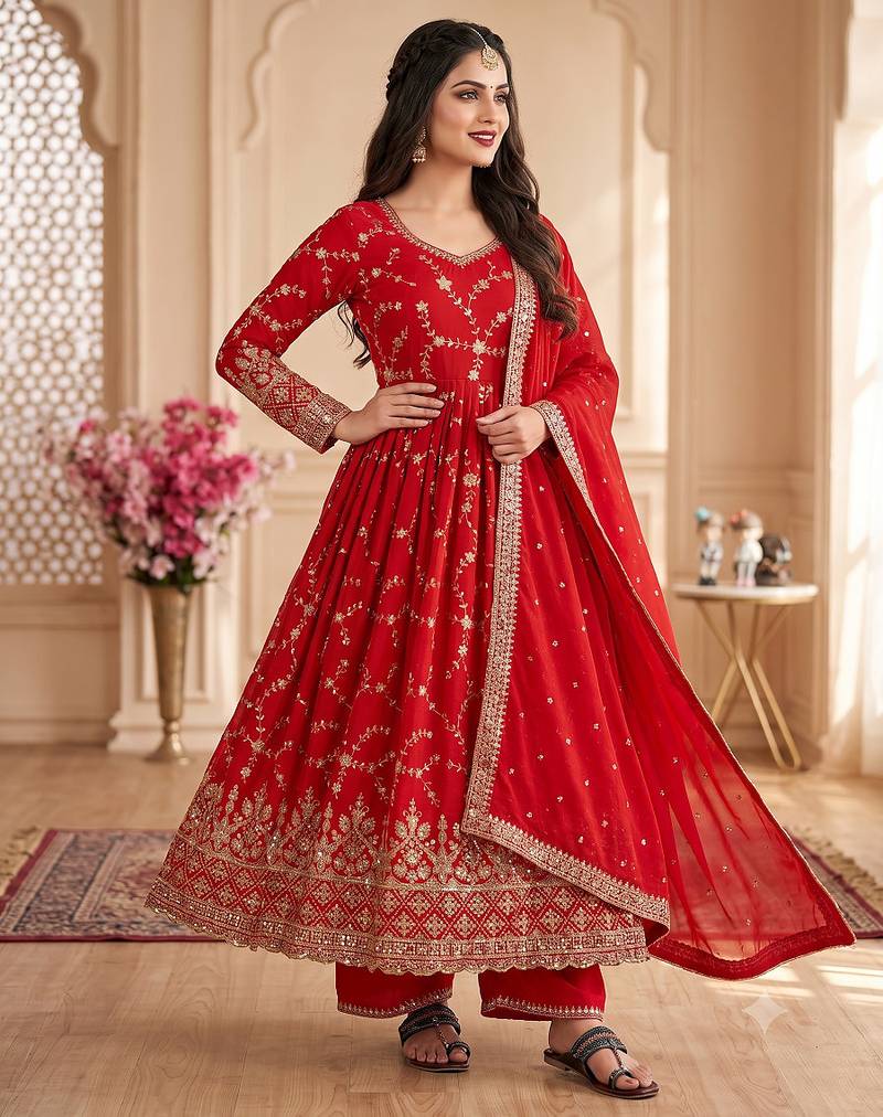 Red zari embroidered georgette anarkali suit with dupatta