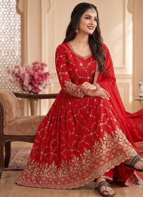 Red zari embroidered georgette anarkali suit with dupatta 2