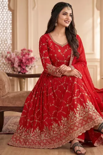 Red zari embroidered georgette anarkali suit with dupatta
