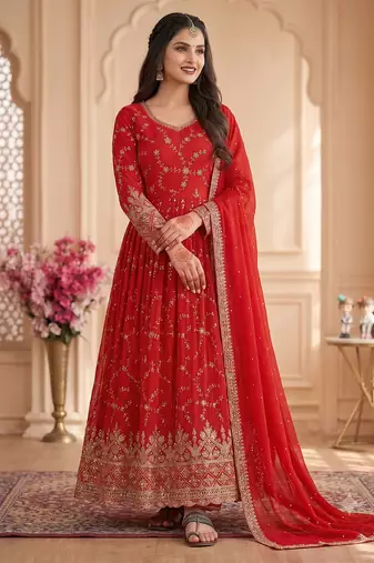 Red zari embroidered georgette anarkali suit with dupatta