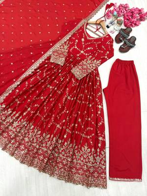 Red zari embroidered georgette anarkali suit with dupatta 4