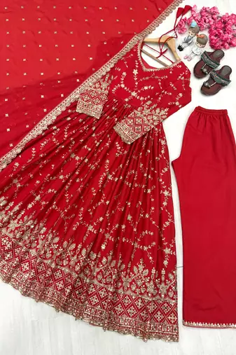 Red zari embroidered georgette anarkali suit with dupatta