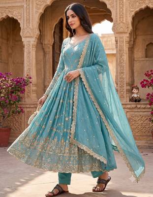 Sky blue zari embroidered georgette anarkali suit with dupatta 1