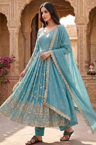 Sky blue zari embroidered georgette anarkali suit with dupatta