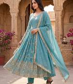 Sky blue zari embroidered georgette anarkali suit with dupatta