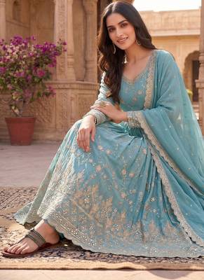 Sky blue zari embroidered georgette anarkali suit with dupatta 2