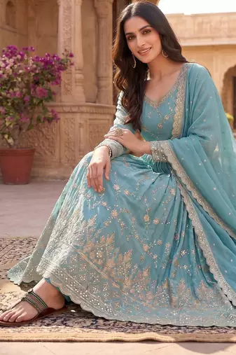 Sky blue zari embroidered georgette anarkali suit with dupatta