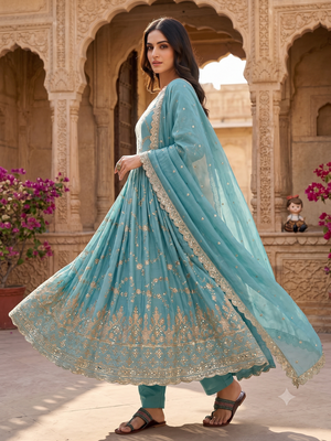 Sky blue zari embroidered georgette anarkali suit with dupatta 3