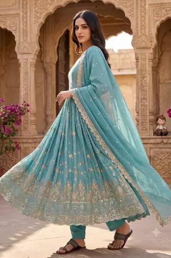 Sky blue zari embroidered georgette anarkali suit with dupatta