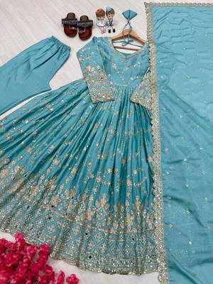Sky blue zari embroidered georgette anarkali suit with dupatta 4