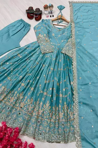 Sky blue zari embroidered georgette anarkali suit with dupatta