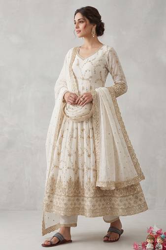 White  zari embroidered georgette anarkali suit with dupatta