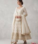 White  zari embroidered georgette anarkali suit with dupatta