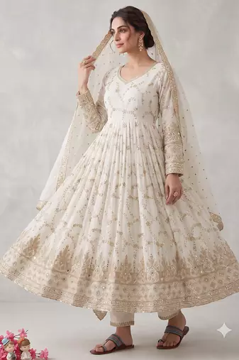 White  zari embroidered georgette anarkali suit with dupatta