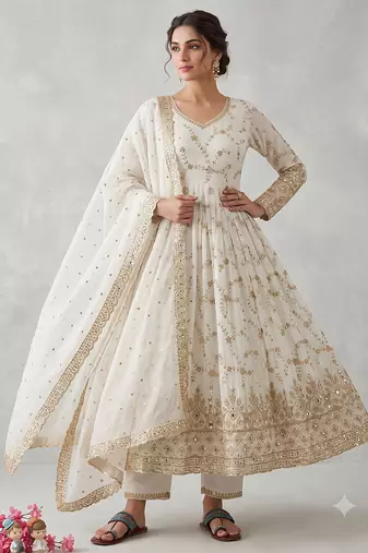 White  zari embroidered georgette anarkali suit with dupatta