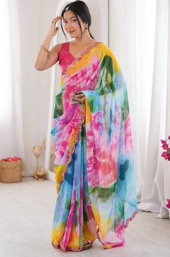 Stunning multicolor georgette shibori printed saree with foil mirror work border