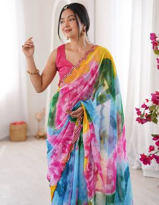 Stunning multicolor georgette shibori printed saree with foil mirror work border 2