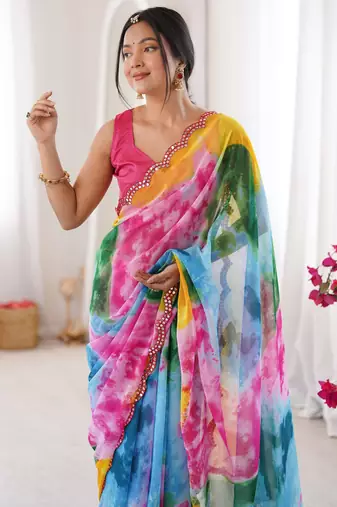 Stunning multicolor georgette shibori printed saree with foil mirror work border