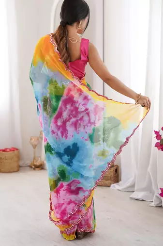 Stunning multicolor georgette shibori printed saree with foil mirror work border