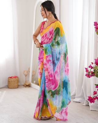 Stunning multicolor georgette shibori printed saree with foil mirror work border 5
