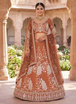 Rust Orange Silk Bridal Lehenga Choli With Heritage Dori And Peacock Embroidery 1