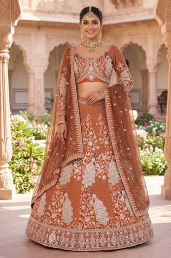 Rust Orange Silk Bridal Lehenga Choli With Heritage Dori And Peacock Embroidery