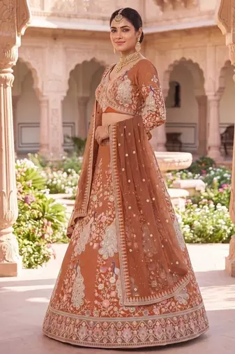 Rust Orange Silk Bridal Lehenga Choli With Heritage Dori And Peacock Embroidery