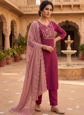 Pink roman silk blend kurti pant dupatta set 1