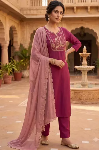 Pink roman silk blend kurti pant dupatta set