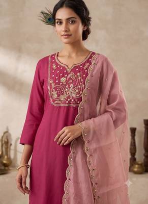 Pink roman silk blend kurti pant dupatta set 2