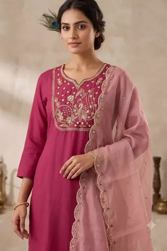 Pink roman silk blend kurti pant dupatta set