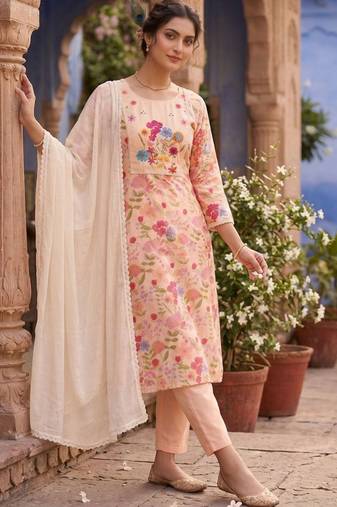Beige linen cotton kurti pant dupatta set