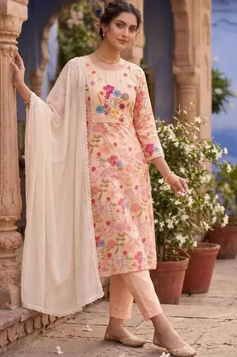 Beige linen cotton kurti pant dupatta set