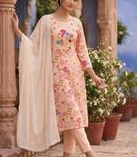 Beige linen cotton kurti pant dupatta set