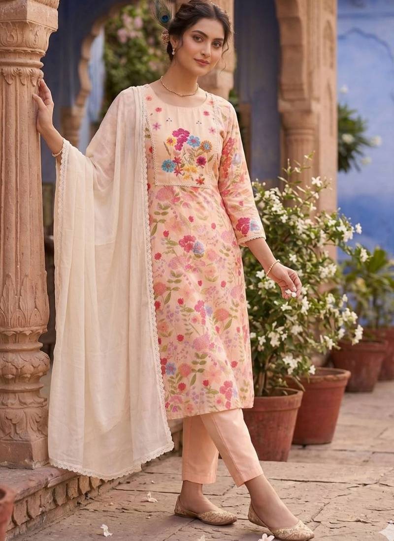 Beige linen cotton kurti pant dupatta set