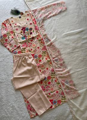 Beige linen cotton kurti pant dupatta set 2