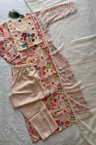 Beige linen cotton kurti pant dupatta set